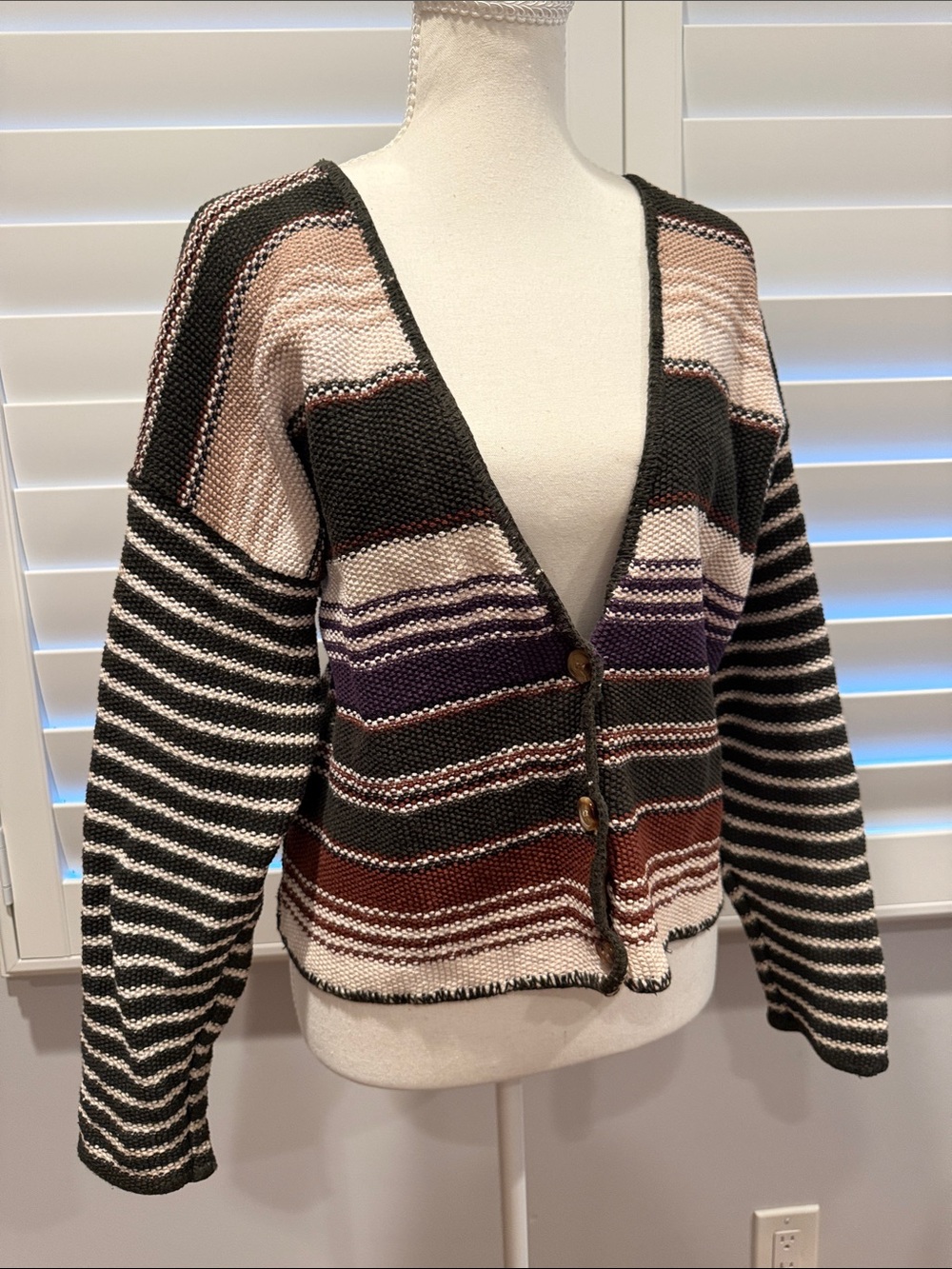 Striped V-Neck Button Cardigan Sweater - Multicolor